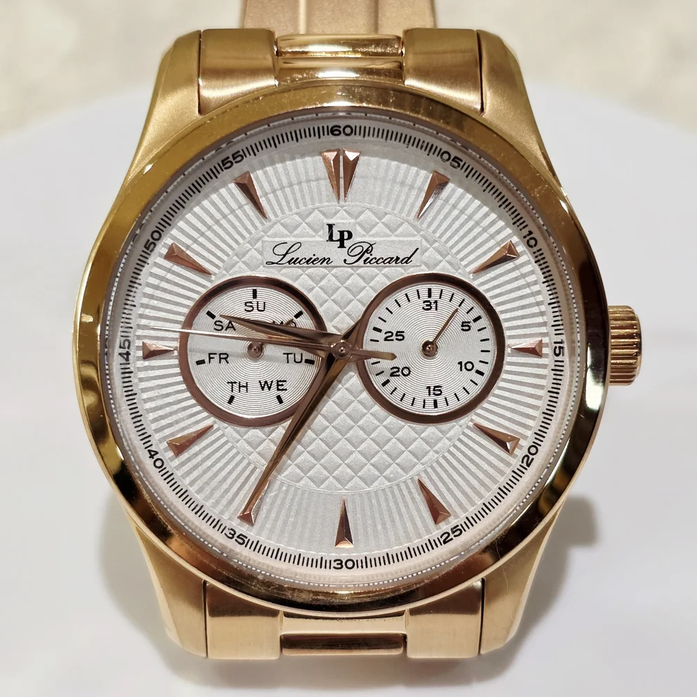 Lucien Piccard STELLAR Men's Wrist Watch Day Date Sub-Dials Rose Gold Pink